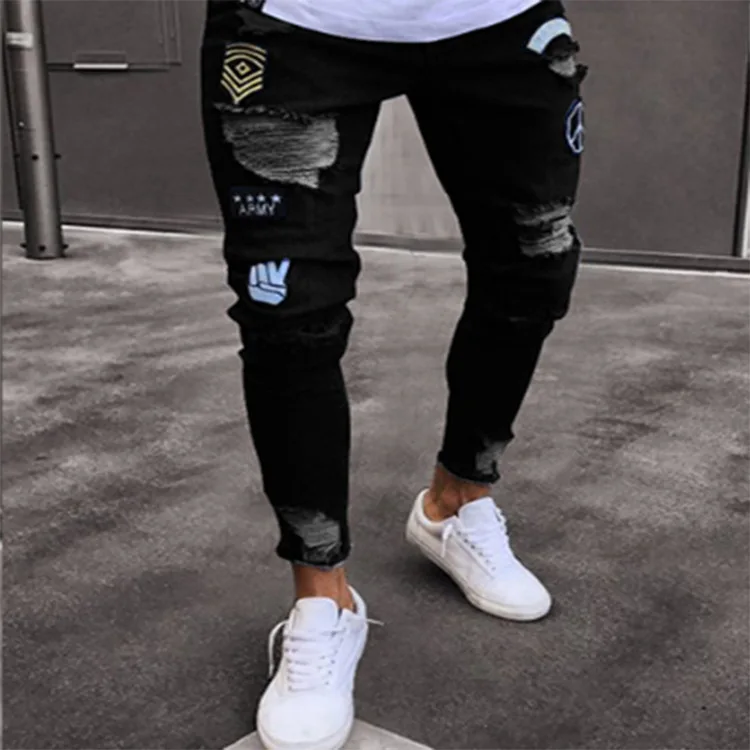 Wholesale Stylish Patchwork Design Ripped Skinny Distressed Denim Jeans For Men With Pattern