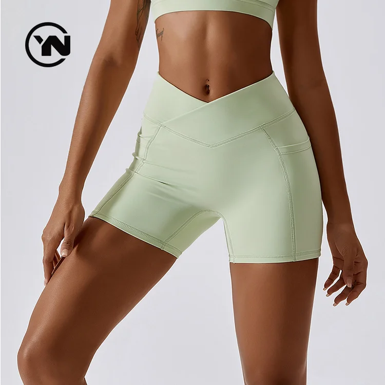 Wholesale Cross Trousers Hip Lift Shorts Gym Workout Fitness Leggings High Waist Yoga Shorts With Pocket