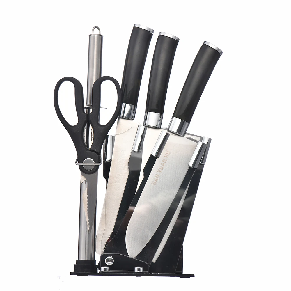 Modern Design High-Quality Black Handle Professional Stainless Steel 6pc Kitchen Knife Set with Scissors and Stand