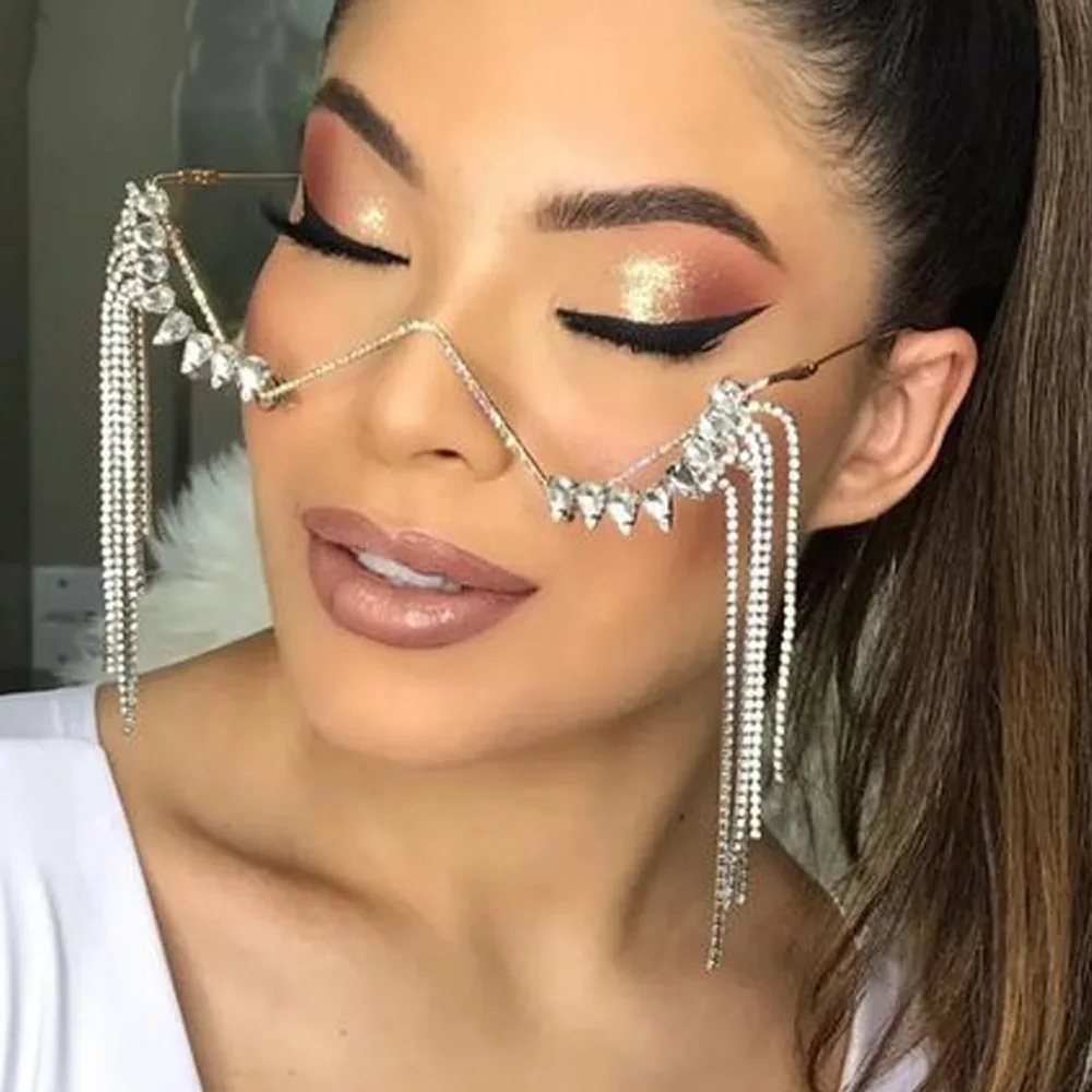 tassels eyeglass frame crystals face accessories unique women frame Rhinestone glasses  hanging shiny 2023