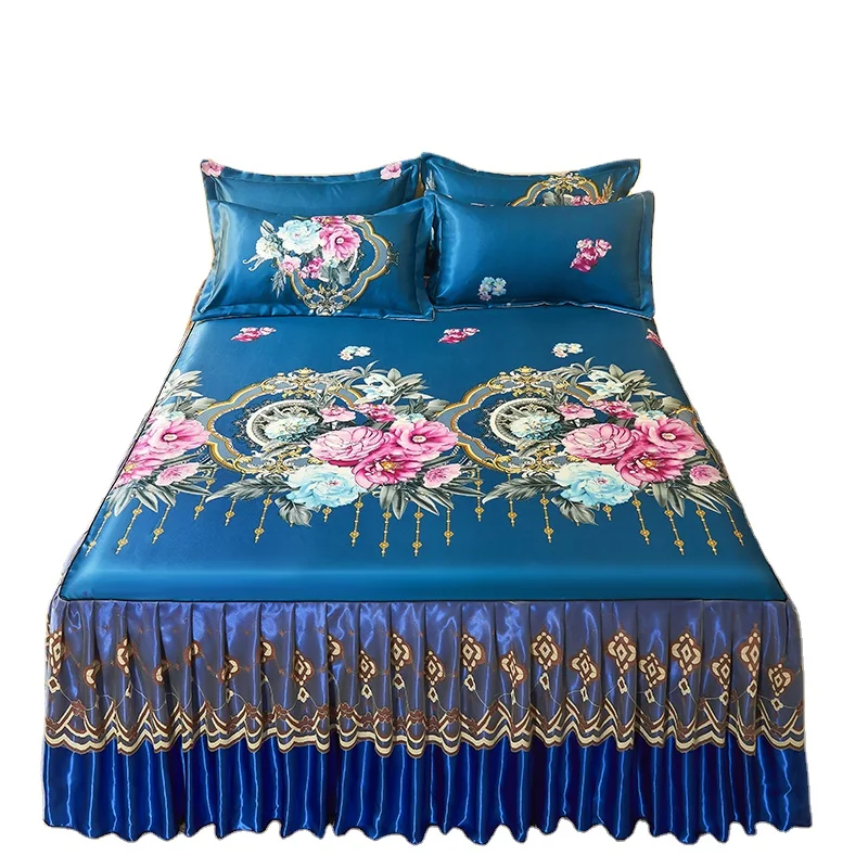 American Style Ice Silk Lace embroid linen blend flower plant Trimmed Elastic Detachable Bed Skirt