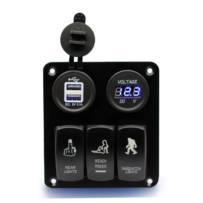3 Gang Rocker Switch Panel USB Charger LED Voltmeter Sasquatch Lights Wench Power Rear Lights Switch On Off Aluminum Waterproof