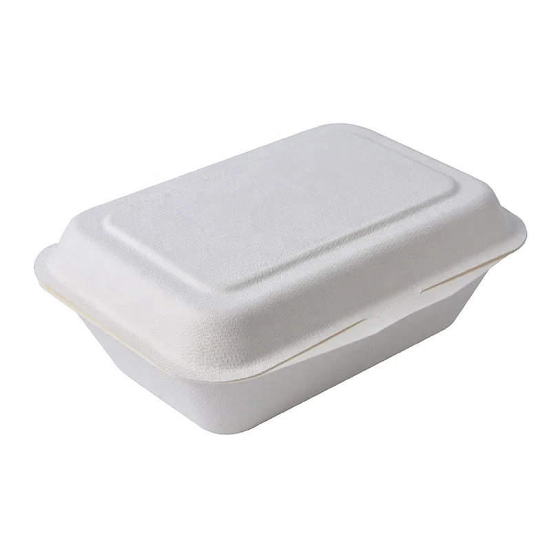 Disposable clamshell food containers compostable sugarcane bagasse lunch box plate dish oval round white & brown