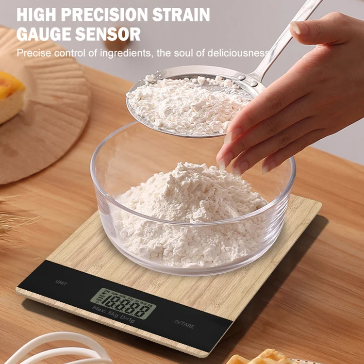Touch Control Bamboo Panel LCD Display ABS Plastic 5K Digital Household Food Kitchen Scales