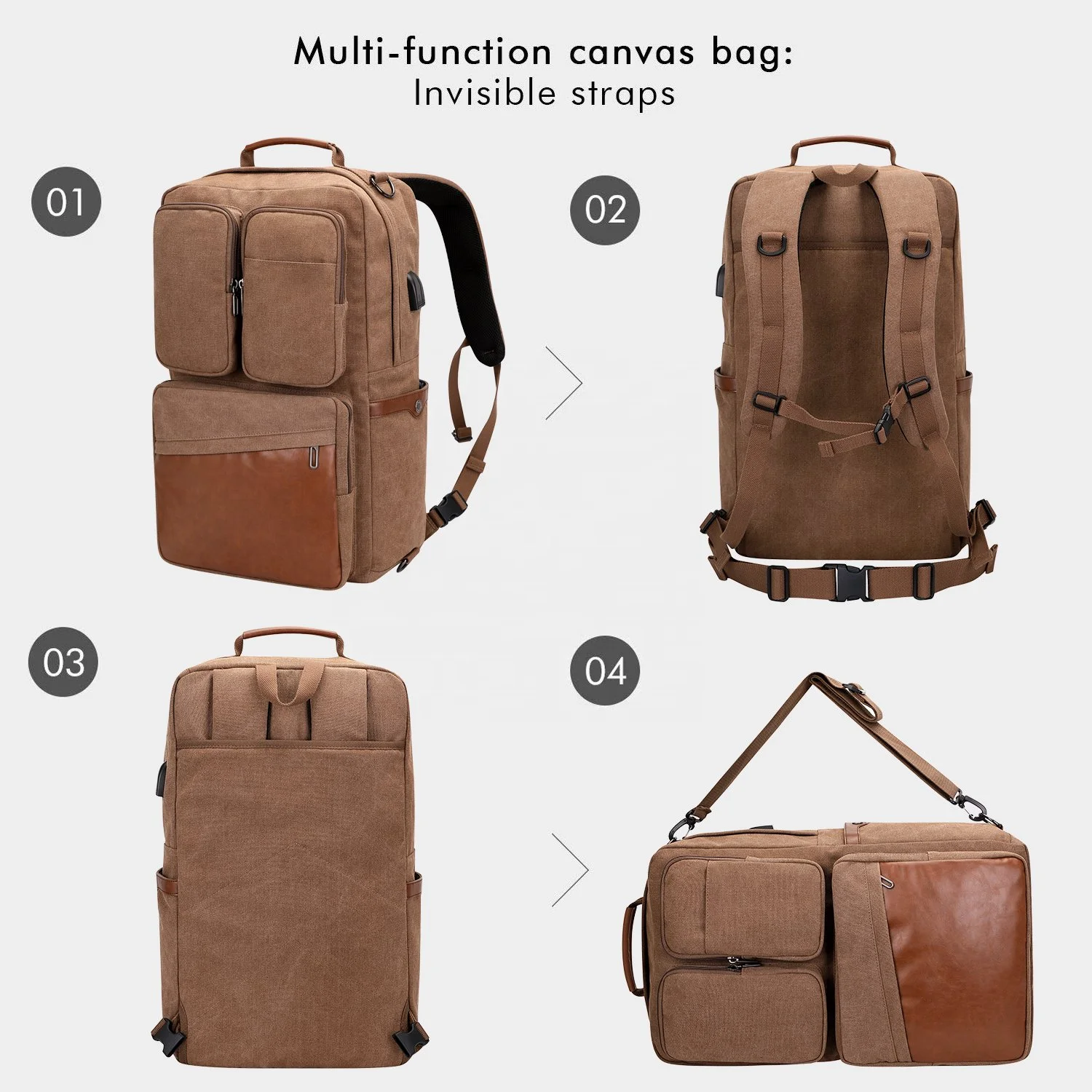 Vintage Canvas Backpack with USB Charging Port Unisex Large Luggage Bag for Travel