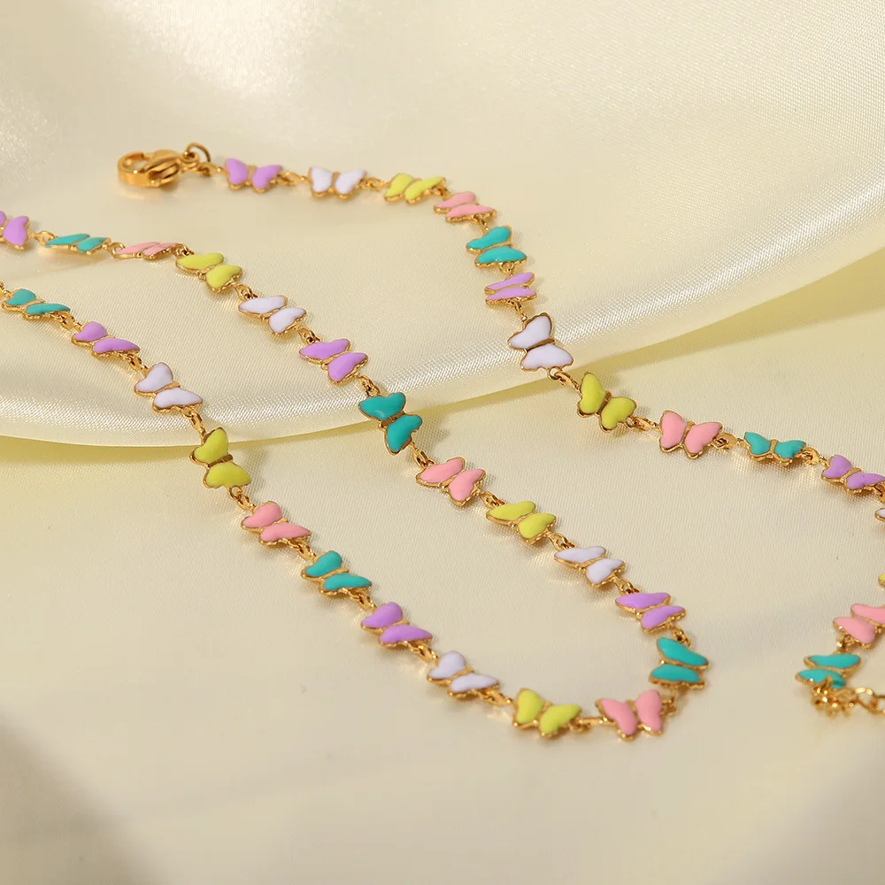 2022 Versatile Accessories 18k Gold Stainless Steel Oil dripping Bracelet Colorful Enamel Butterfly Necklace