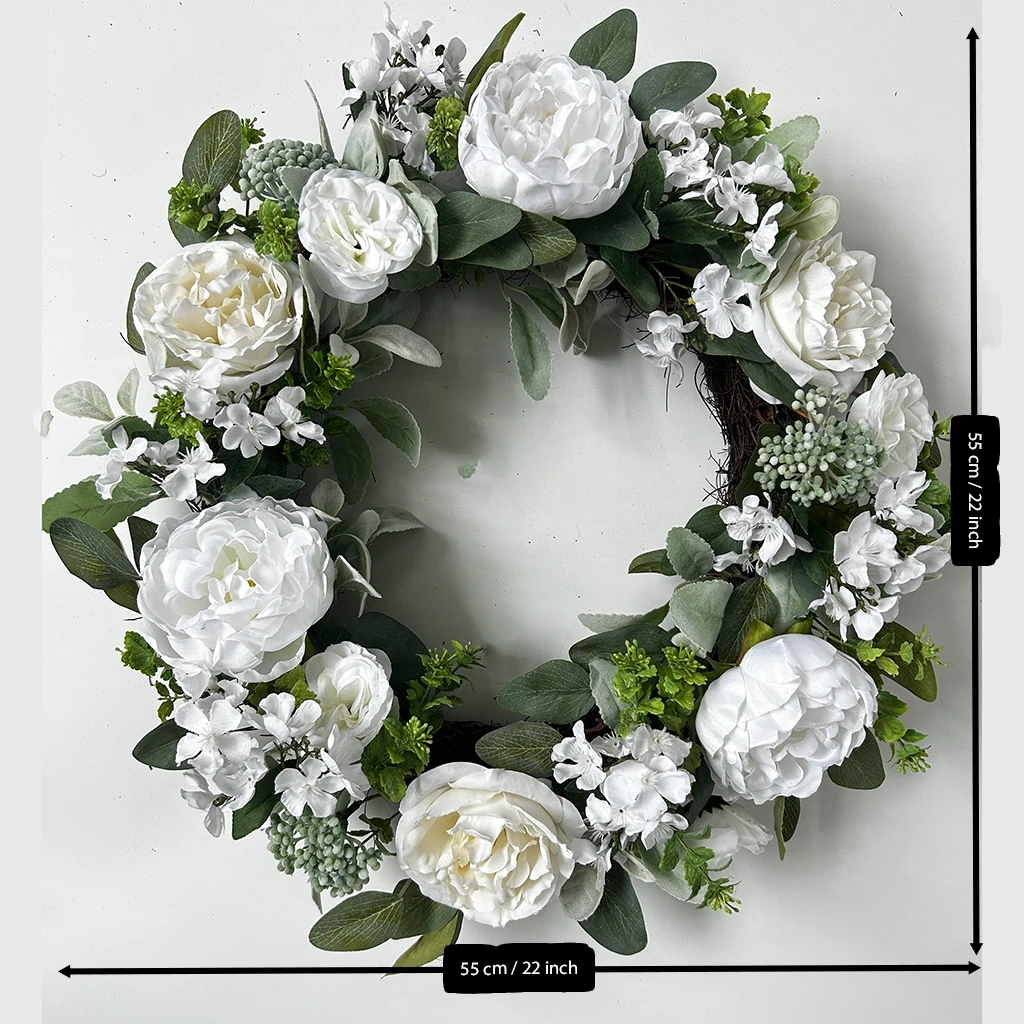 22 INCH Artificial eucalyptus white peony wreaths spring wholesale  sales plastic leaves wreath