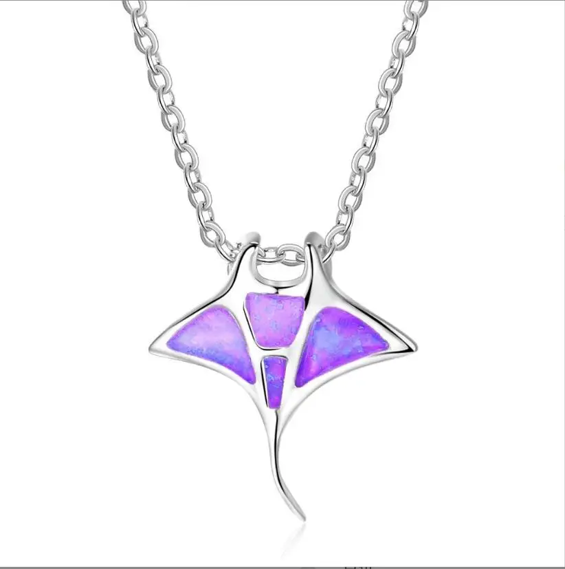 Real white gold plating Manta Ray Pendant Necklace with Australian Opal