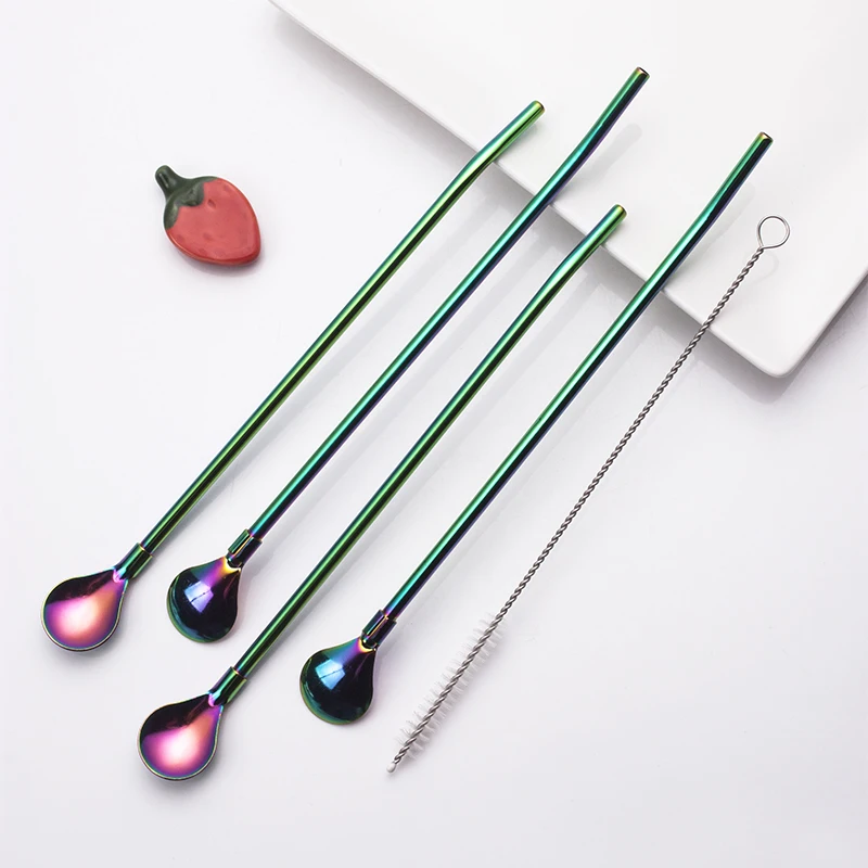 Supplier Hot Sale 2 in 1 long Straw with Spoon High Quantity Bar Accessories Colorful Stainless Steel Metal Straw