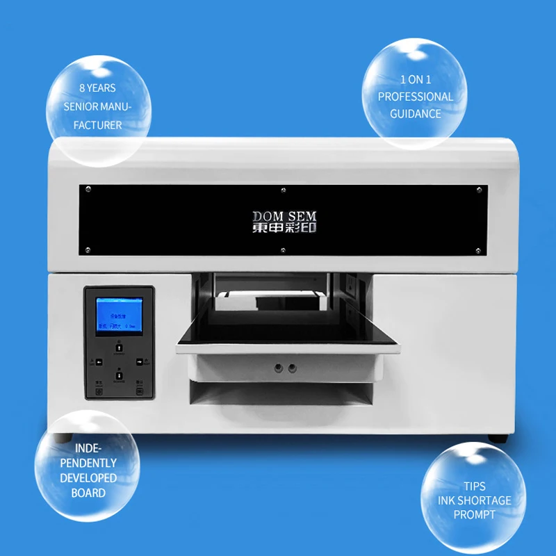 DOMSEM Professional High Quality Digital Printers Uv Flatbe Printer A4 Size 20*30 Uv Printing Machine With Rotary tray