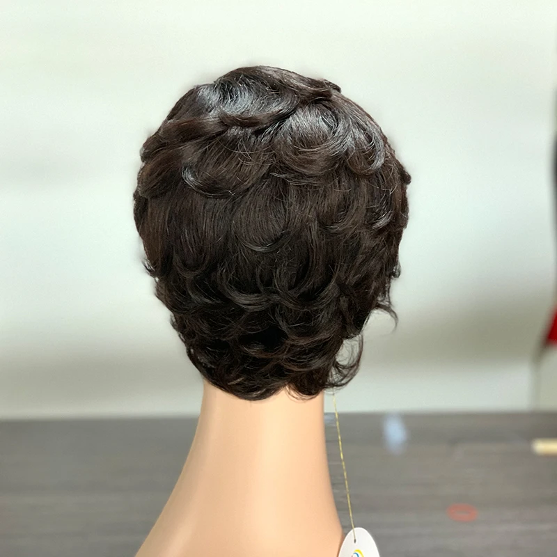 Machine made short wavy human hair wig with fringe