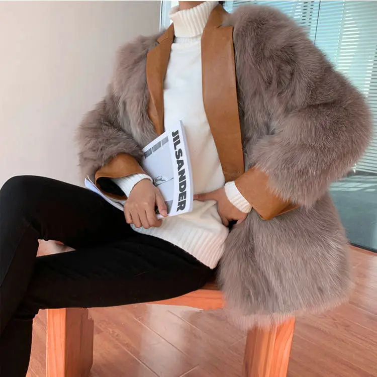 
Hot design winter fur blazer flap pocket wax sheepskin leather lapel collar fur coat luxury fur coat 