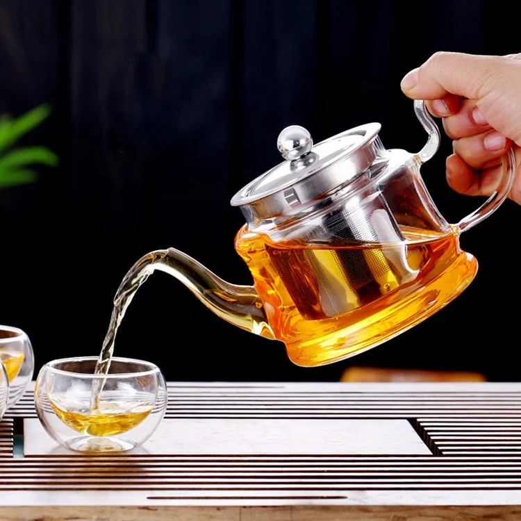 Household 500ML explosion-proof transparent glass flower teapot with steel filter