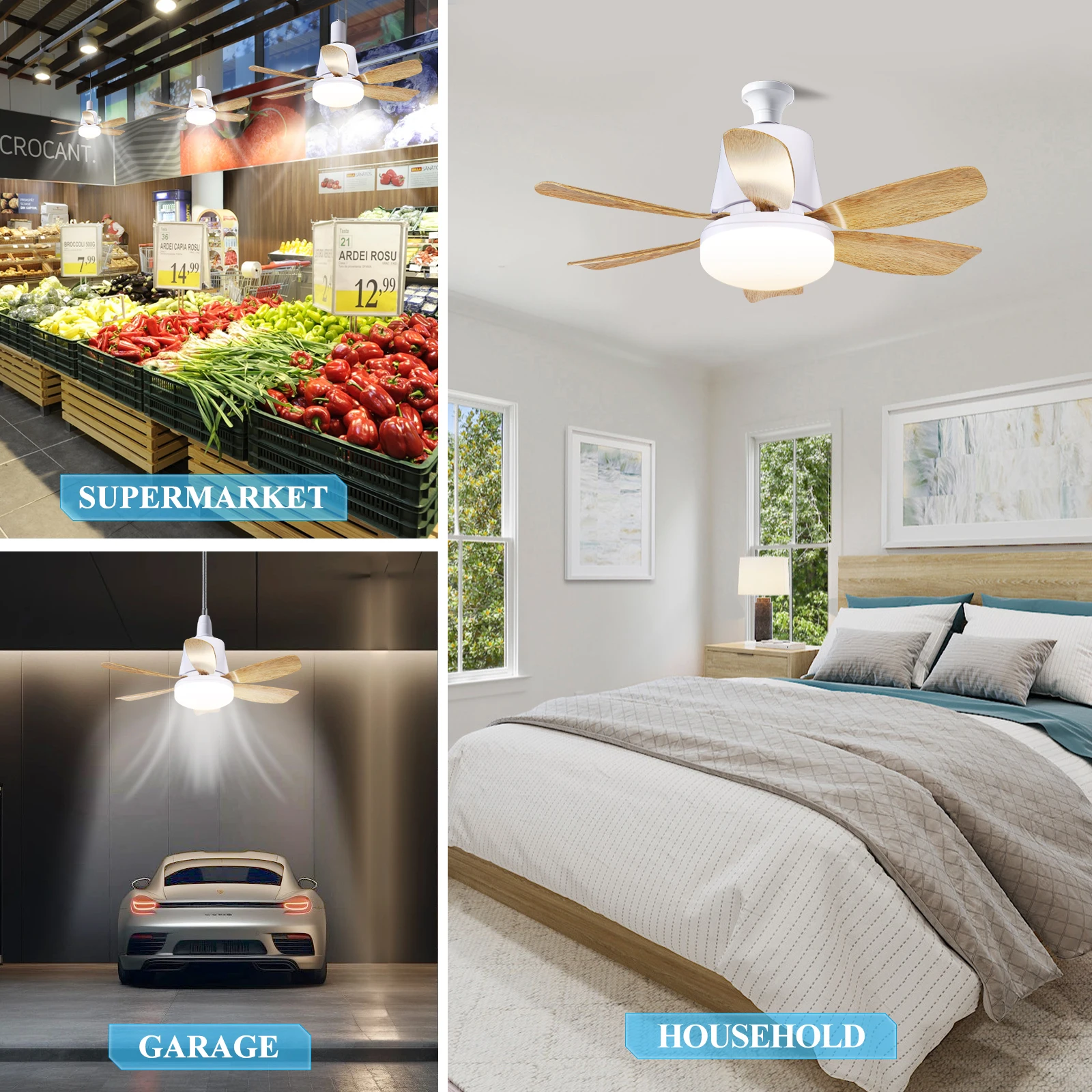 Emitting Home Decor Moving Head 360 Rotating Dimmable Remote Control Modern LED Ceiling Fan Smart Home Lights E27 Fan Light Bulb