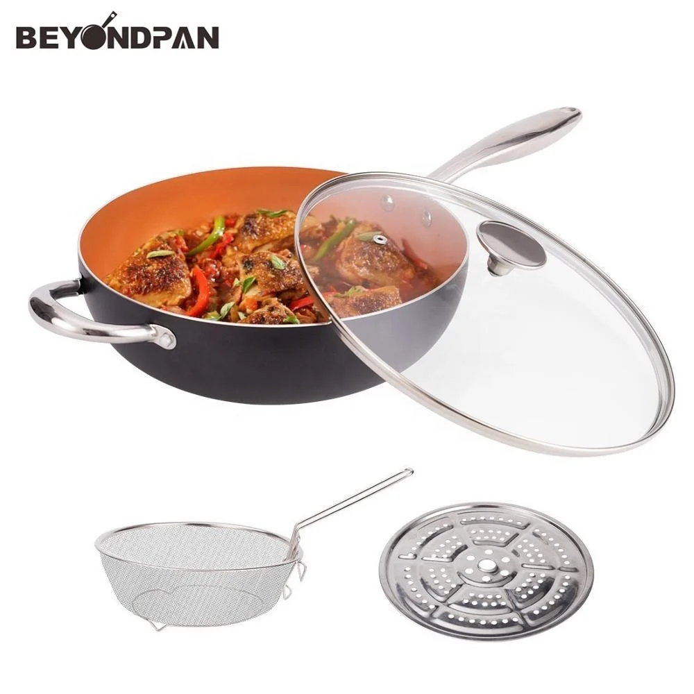 5 Quart Nonstick Copper Ceramic Wok and Stir Fry Pans With Lid, Frying Basket & Steam Rack