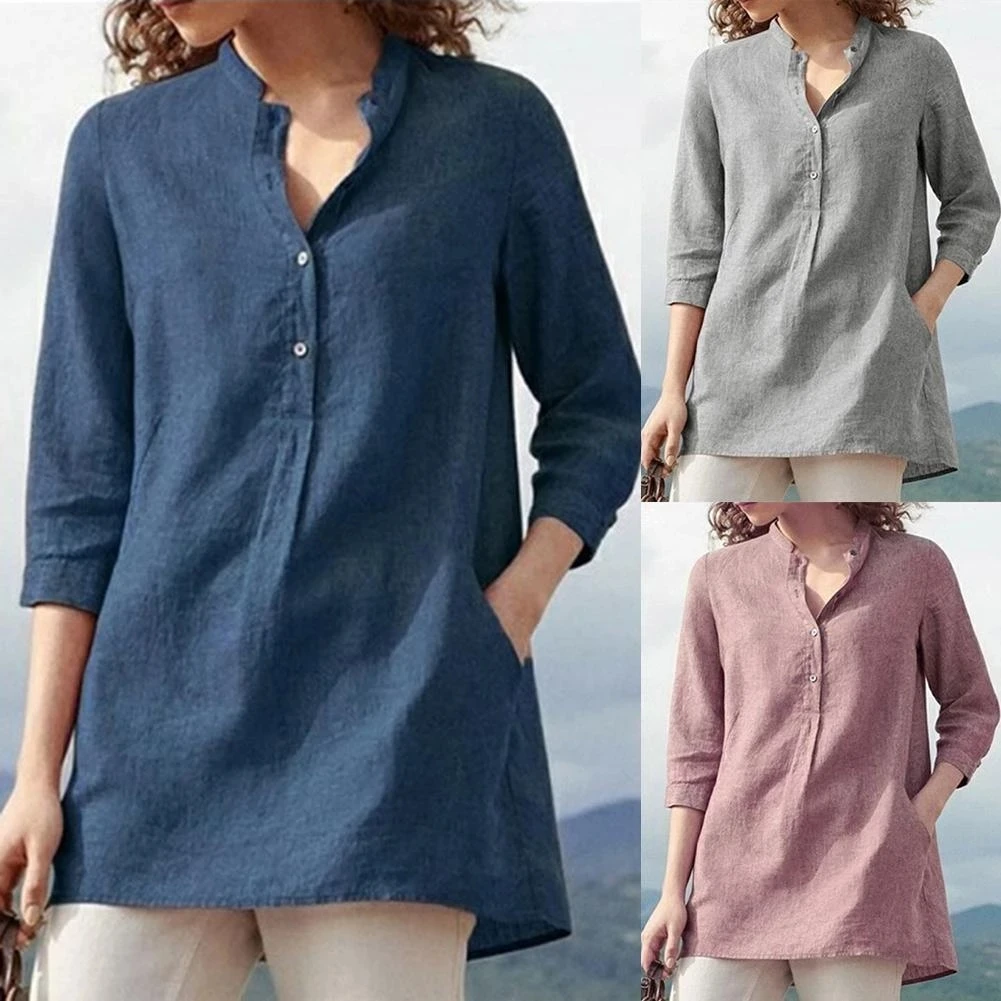 Wholesale Stylish  White Cotton Linen Shirts Women Linen Shirt Blouse 100% Linen Shirts For Ladies