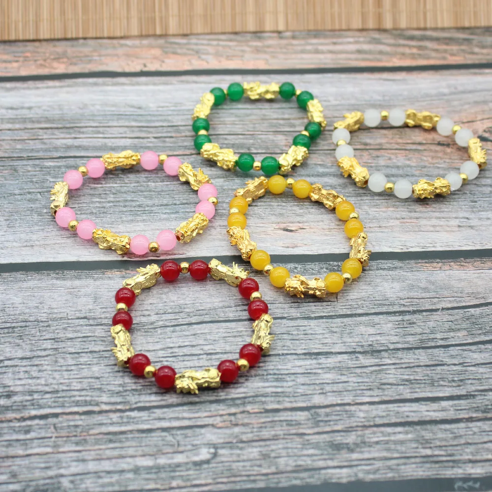 Buddhism Feng Shui Stone Bracelet Men Women Natural Stone Agates Beads Lucky Bracelets Gold Color Pixiu Wealth Charm Bracelet
