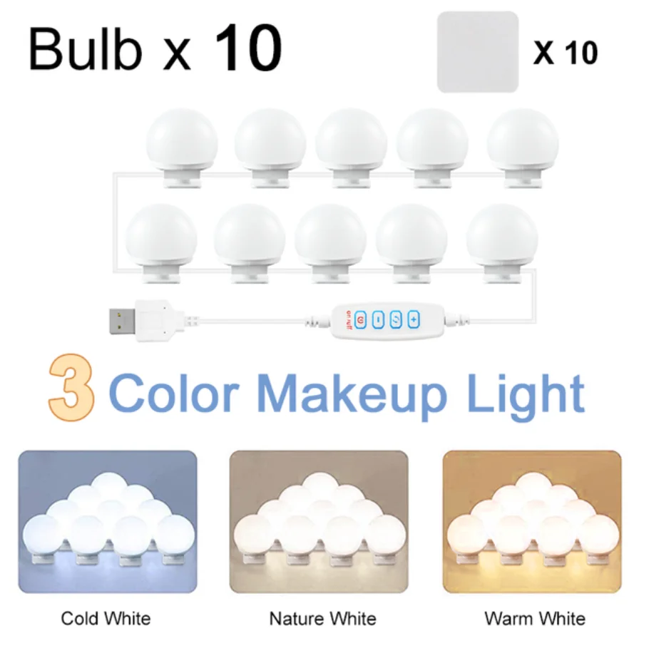 
Hollywood 10 LED Light Bulbs Adjustable Color and Brightness Vanity Mirror Lights for Makeup Dressing Room 