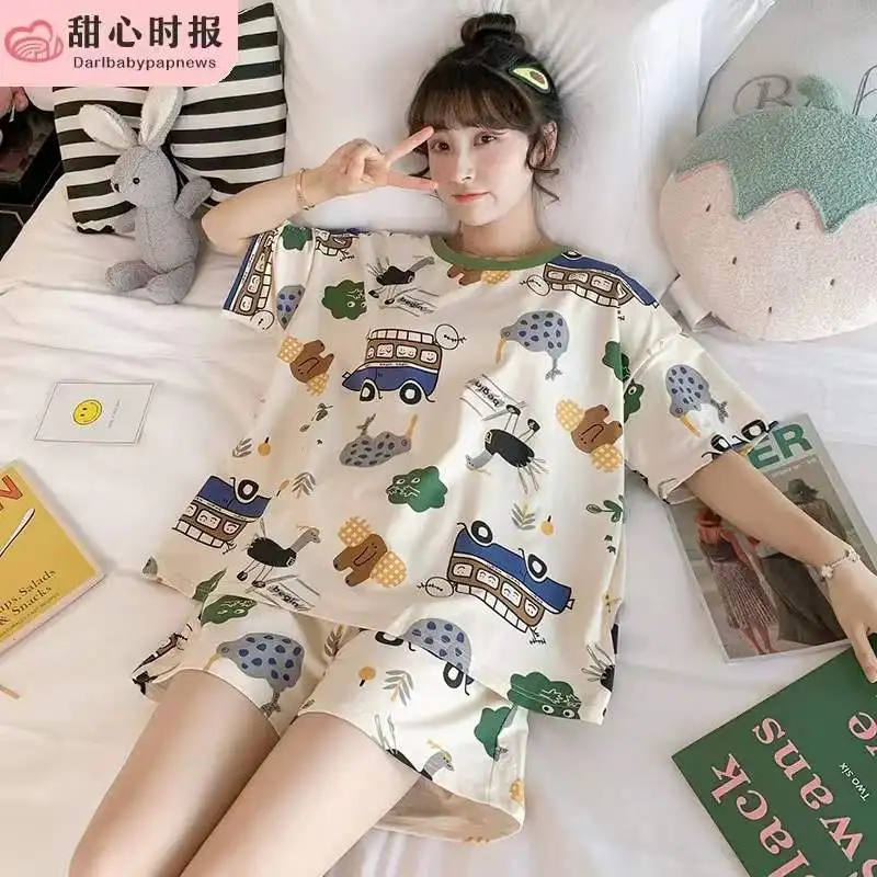 Korean summer Sleepwear Pajama Woman Cartoon Sleep Pajama Set women home clothes wear