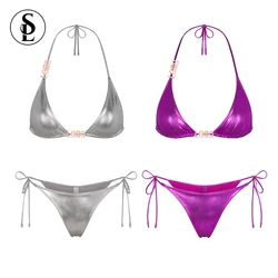 2023 Custom Swimwear with Metal Logo Shiny Sexy Glitter Silver Gold String Bikini Set Metallic Swimsuit
