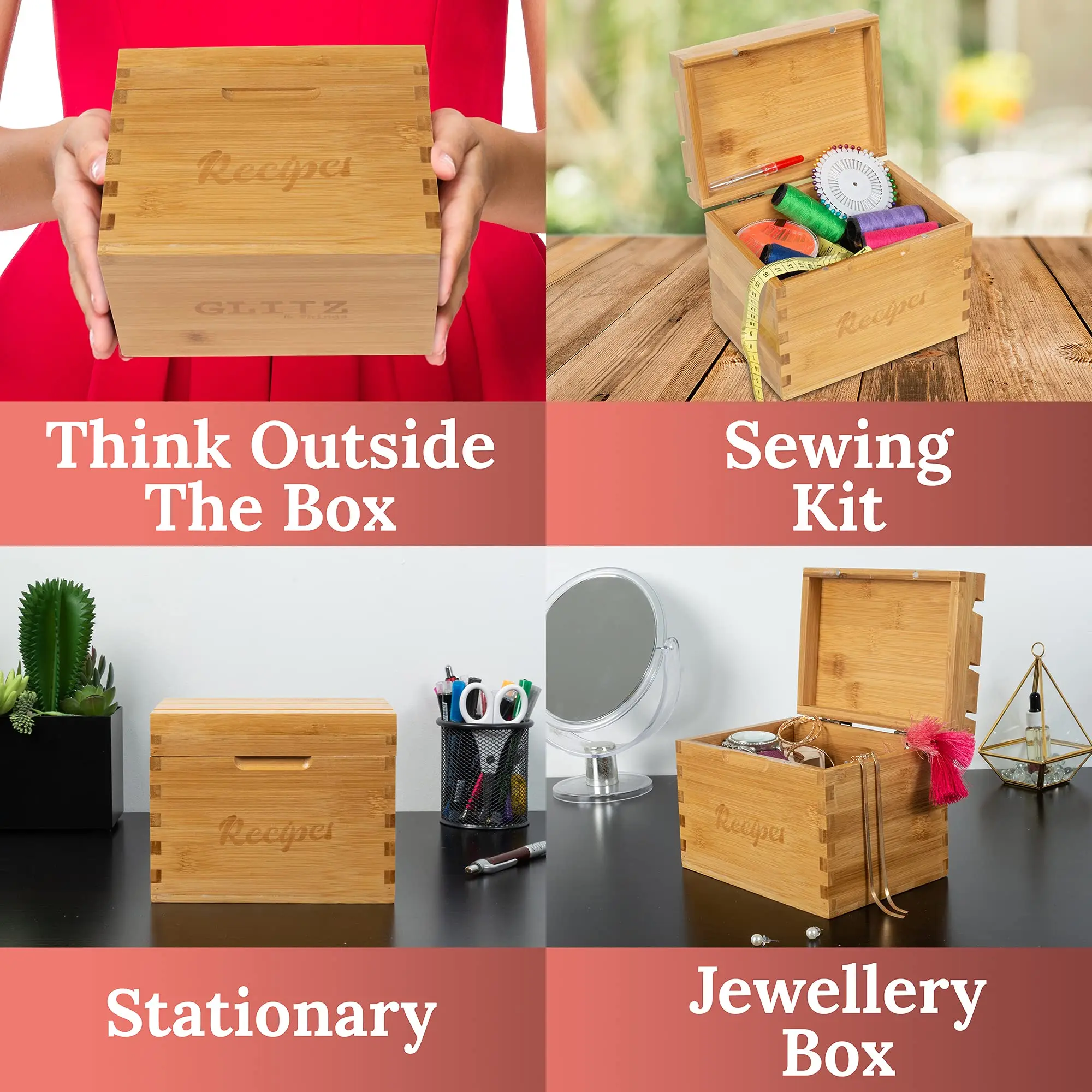 4x6 Bamboo Wood Recipe Box With 16 Dividers 70 Recipe Cards and 2 Protective Sleeves