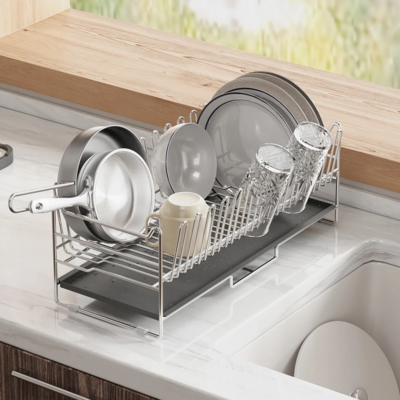 Rustproof 304 stainless steel kitchen over sink dish rack with tray