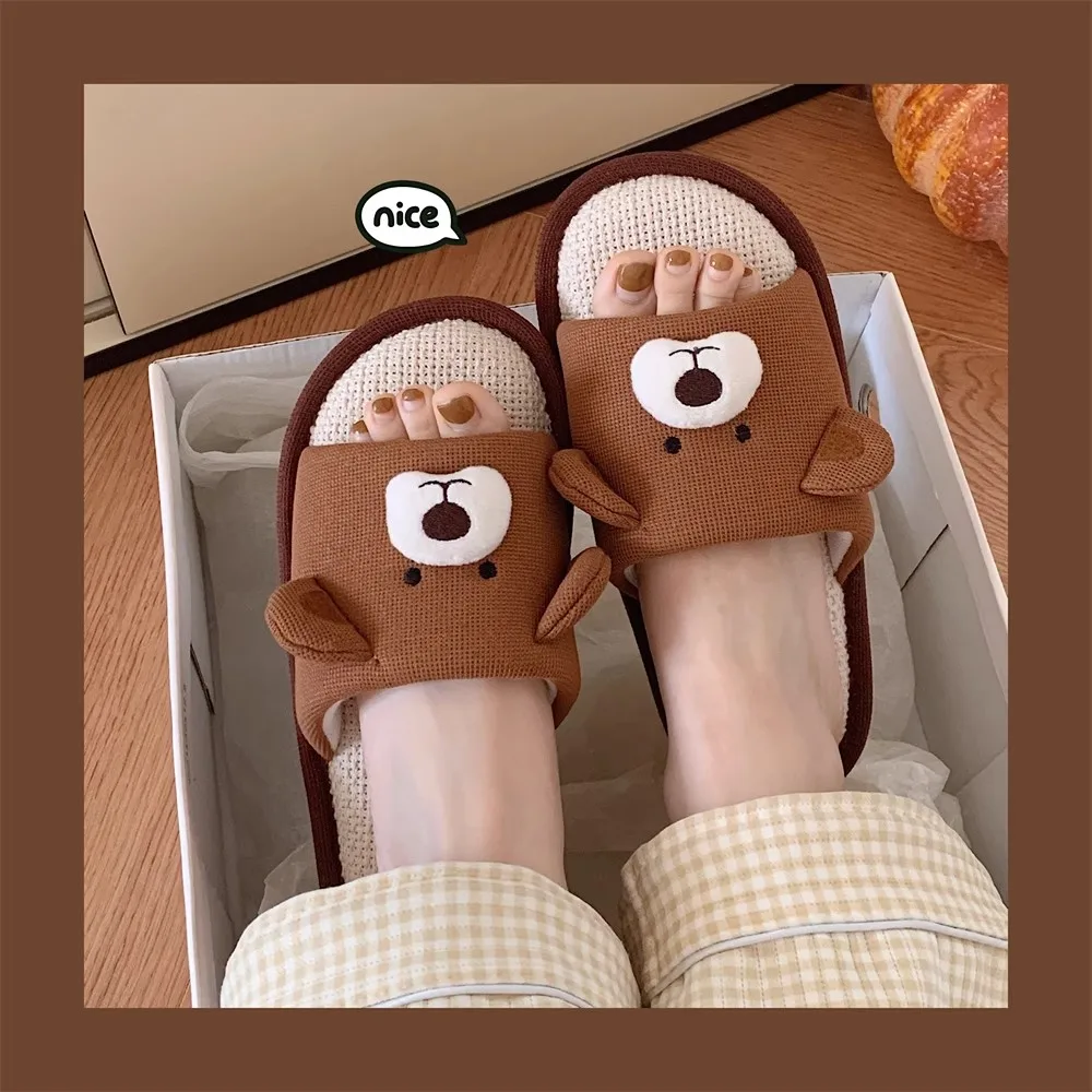XIXITIAO 2024 flat bear slippers shoes sandals cute home indoor animal print slippers Cotton linen slippers for women ladies