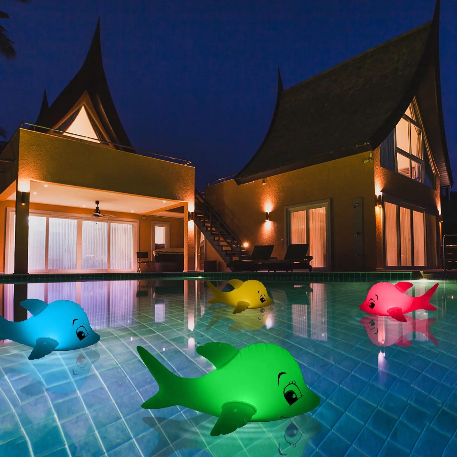 Inflatable Dolphin Pool Toy Solar Charging Colorful LED Swimming Pool Night Light with Remote Control and Air Pump for Christmas