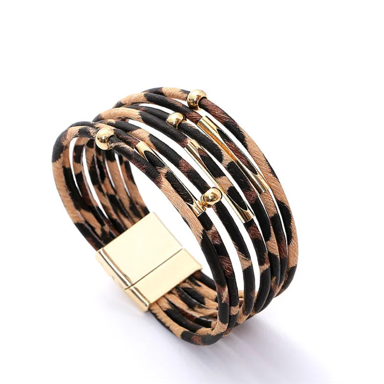 Leopard Bracelets for Women Metal Pipe Charm Multilayer Wide Leather Wrap Bracelet