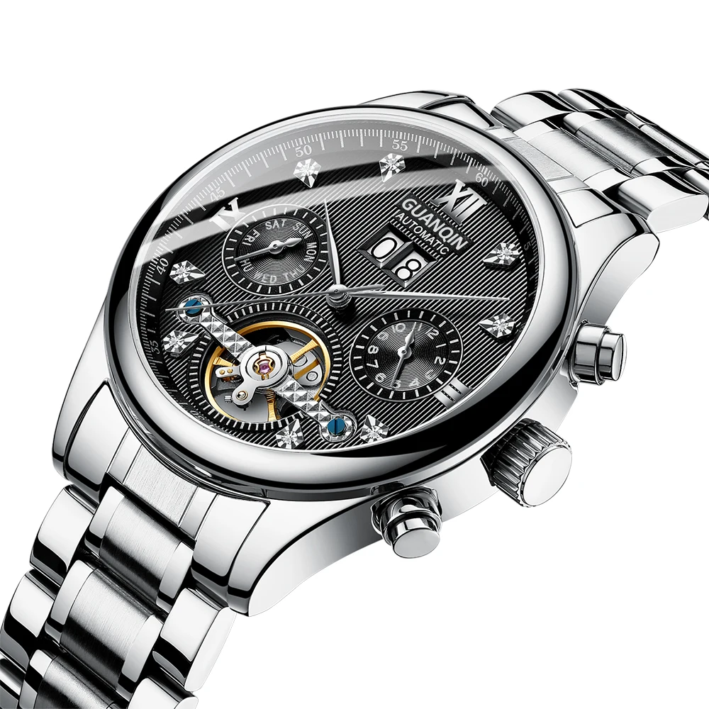 Top Brand GUANQIN Men Business Automatic Mechanical Watch Waterproof Wrist Watches Stainless Steel strap
