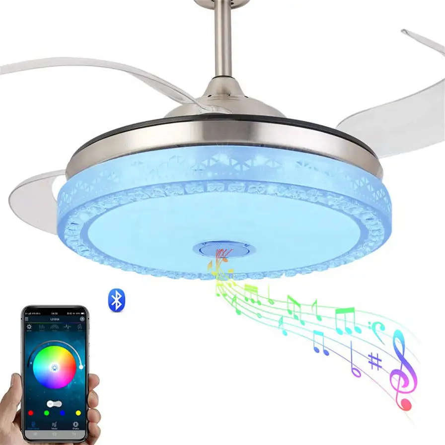 Invisible Ceiling Fan Light with Speaker 7 Colors LED Dining Room Ceiling Home Pendant Light with Remote Control 36W