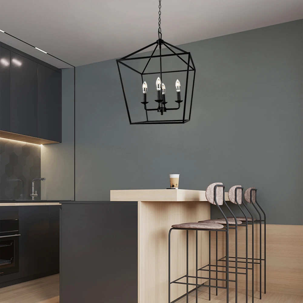 Modern Pendant Lighting Pendant Light Unique Shape Living Room 4-Light Matte Black Caged Pendant