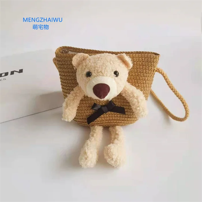 no stock mini crossbody bag straw eco friendly cute bear decoration toddler purses zipper childrens coin bag