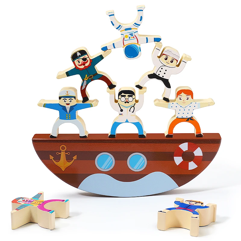 High Quality Wooden Children Play Stacking Pirate Ship Blocks Balance Building Block Toy
