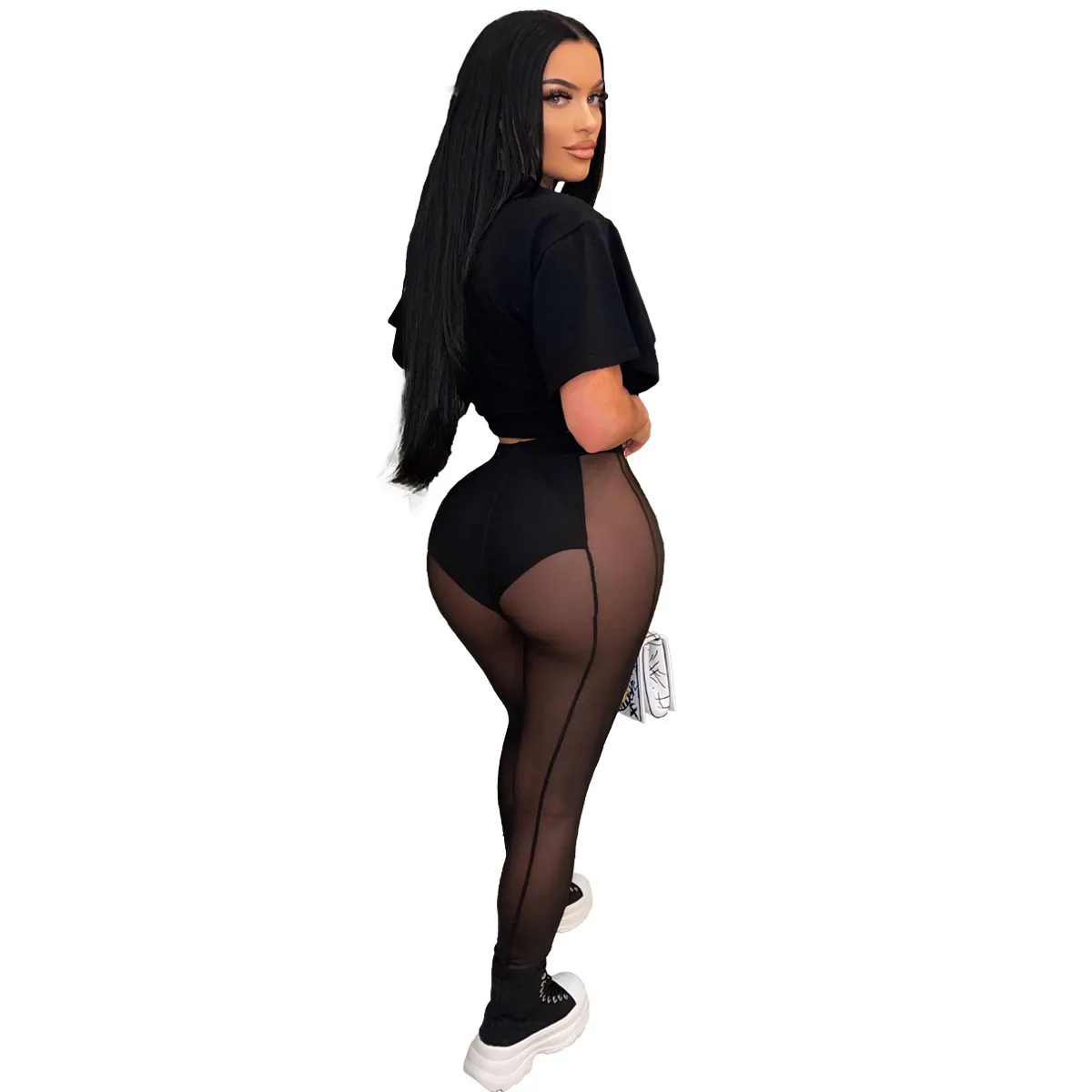 Best Seller Solid Color 3Xl Plus Size Short Sleeve T-Shirt Transparent Mesh Long Pants Mesh Commuter Two-Piece Set For Women