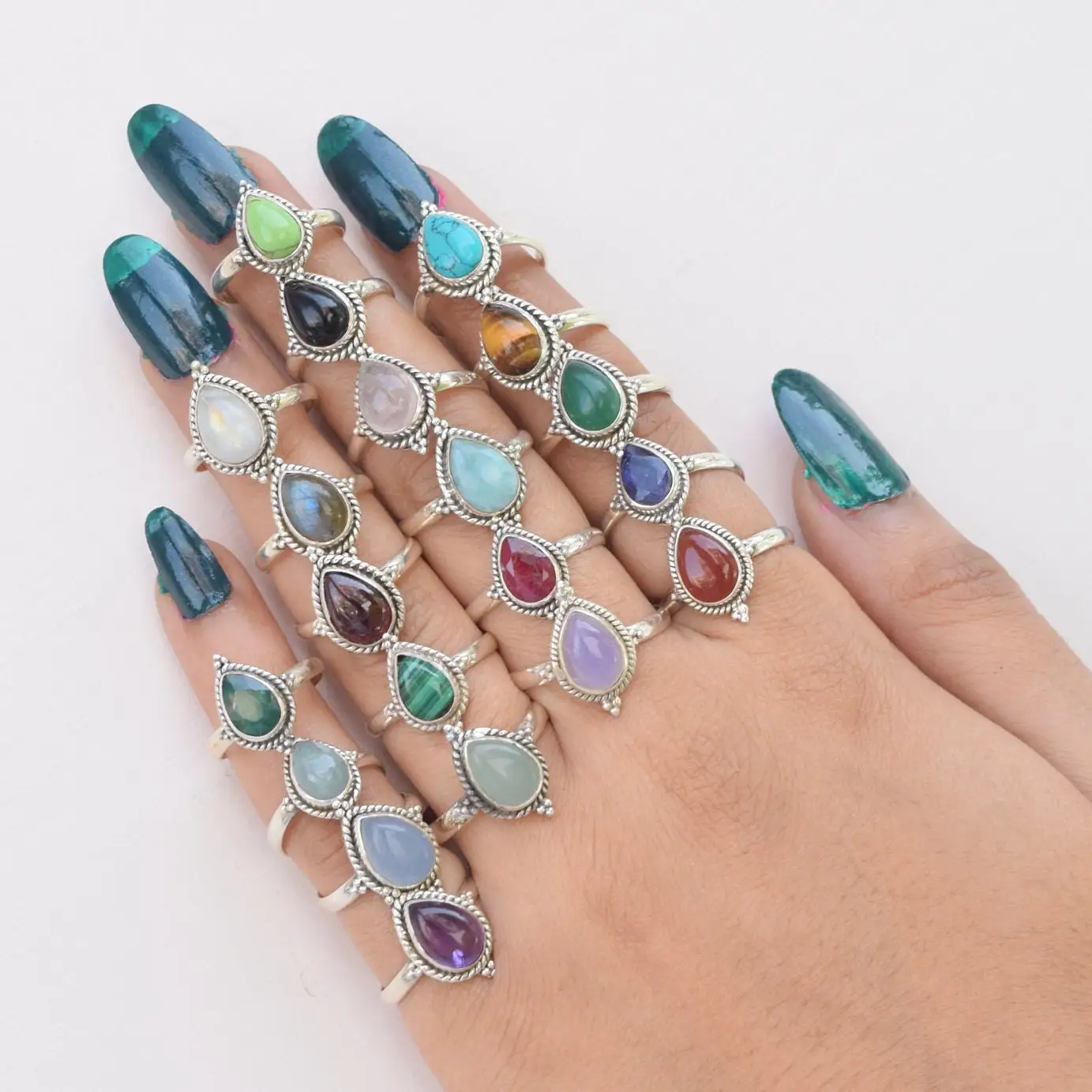 925 Sterling Silver Larimar Onyx Tigers Eye Chalcedony Turquoise Labradorite Amethyst Natural Stone Pear Designer Silver Ring