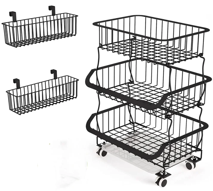 3 Tier Stackable Wire Storage Baskets Fruit Storage Cart with Wheels Tier Vegetable Basket Bins Rack for Kitchen Bathroom Basket