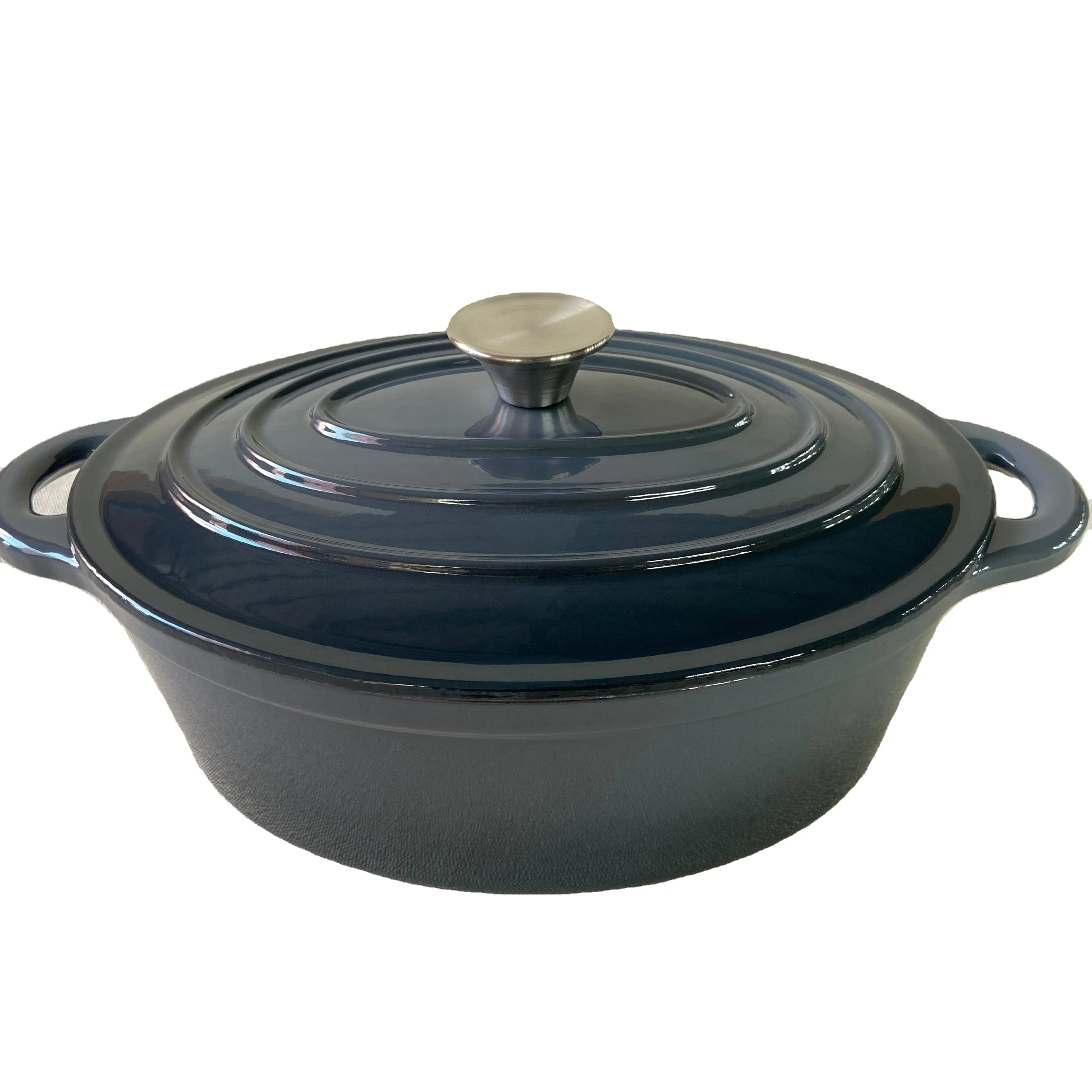 Enameled red oval cast iron dutch oven with two ears