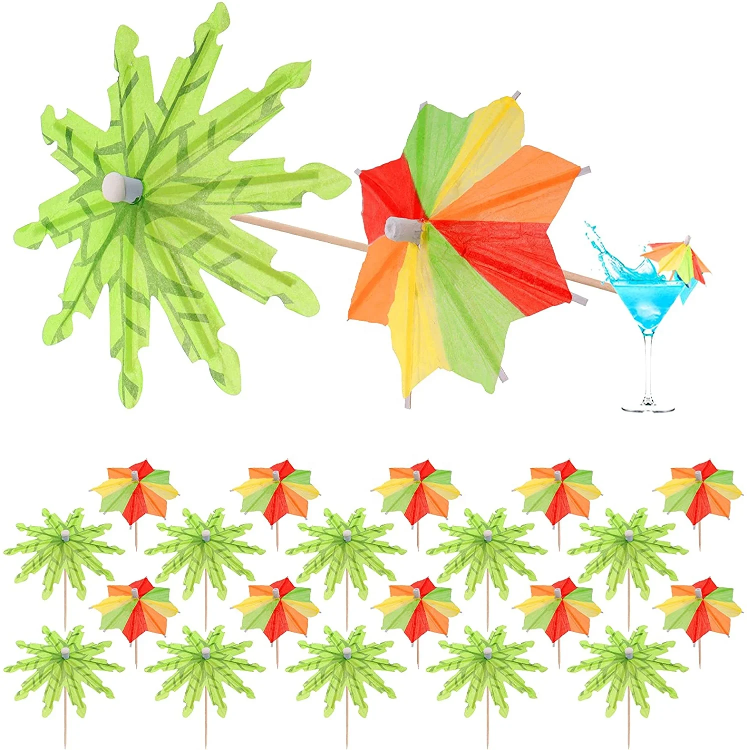80 Pcs Cocktail Umbrella Picks, Green Tropical Coconut Palm Tree Paper Umbrellas Picks Cocktail Drink Paper Parasol Picks