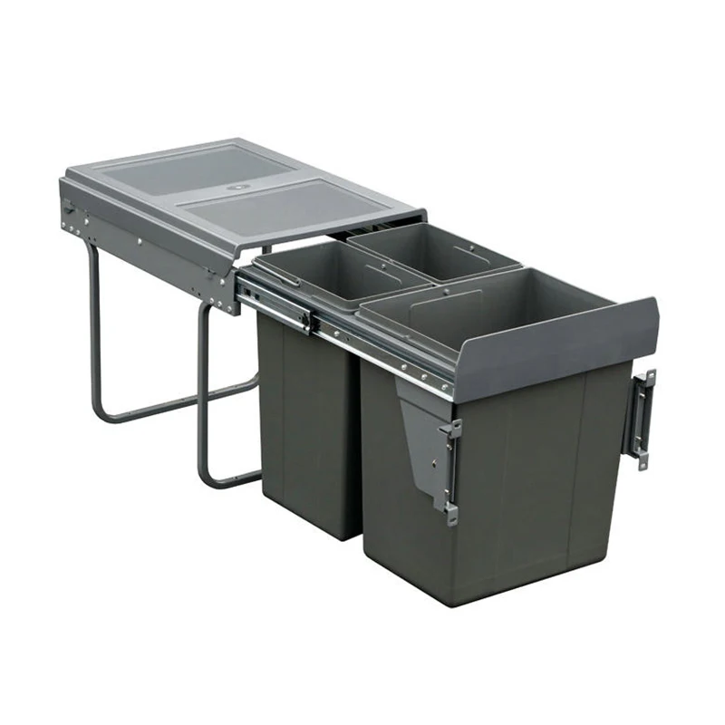 WELLMAX Three Pullout Under Cabinet Trash Can Recycling Built-In Waste Bin Garbage Container
