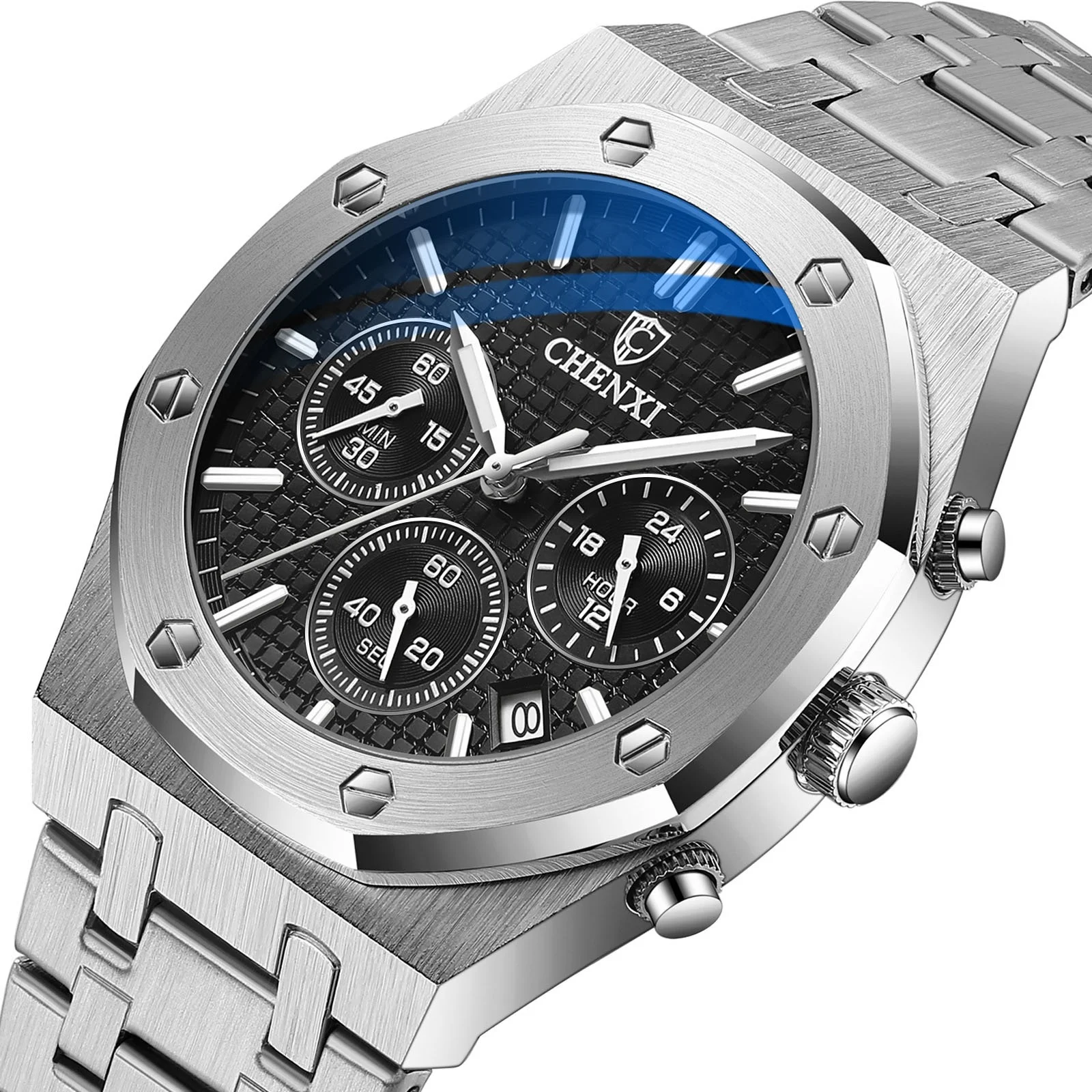Luxury Brand Sport Stainless Steel Luminous Quartz Watch Chronograph Men Waterproof Wristwatch
