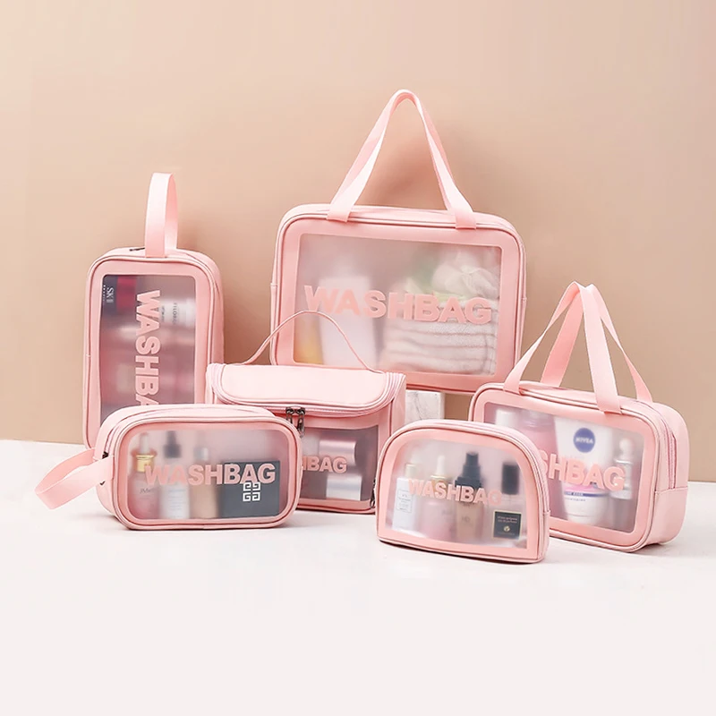 Wholesale Pink Clear Makeup Bag Set With Custom Logo Small Zipper Travel Pvc Wash Bag For Women Transparent Cosmetic Bags