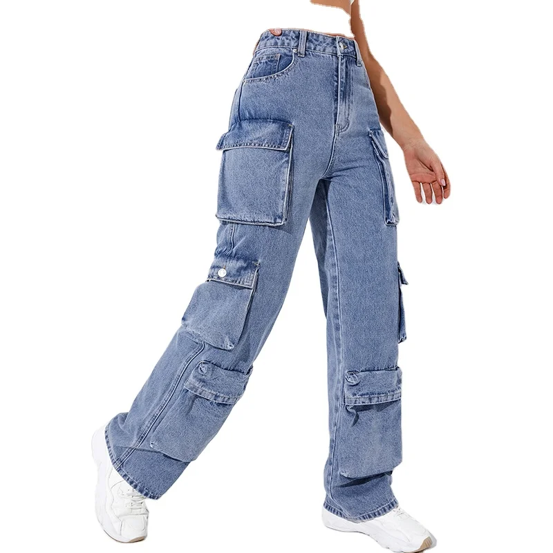 Haisen Hip hop women baggy trousers high rise multi pockets faded washed denim boyfriend style wide leg cargo jeans