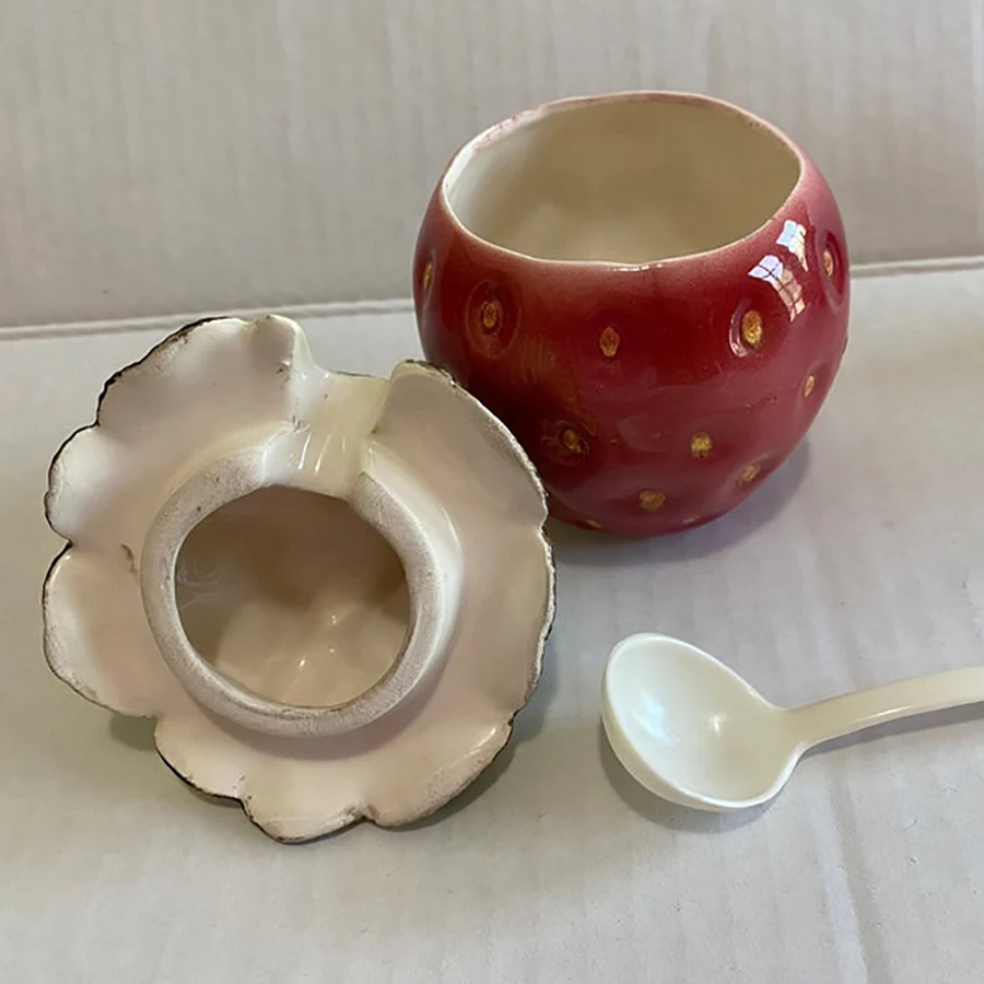 Vintage Strawberry Jam Pot Jar Lid Spoon Ceramic Pottery Vibrant Colors Very Good Euc Mcm MID Century Modern Fruit Collection