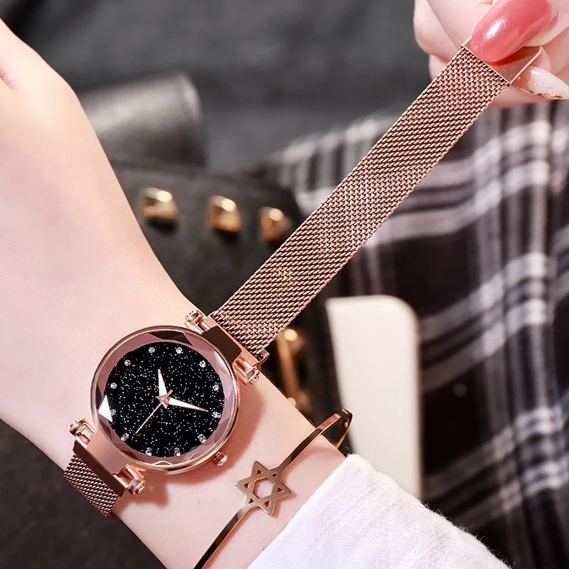
New Fashion Women Luxury Stainless Steel Mesh Belt Ladies Starry Sky Magnet alloy Ladies Wrist Watch 