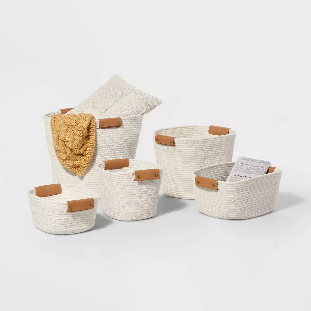 wholesale foldable extra large woven cotton rope toy storage laundry basket hamper with handle