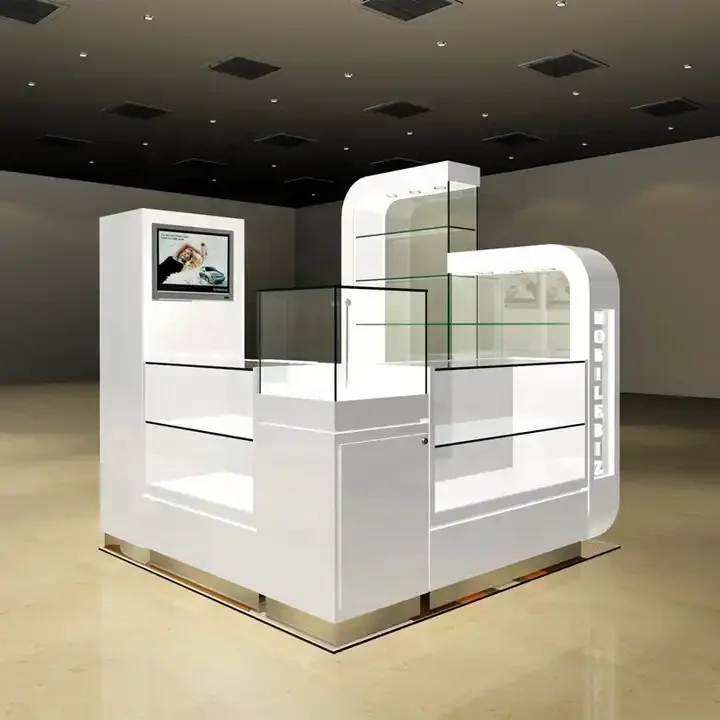 New Design Shopping Mall Jewelry Store Showcase Necklace Display Cabinet Over Head Light Jewelry Kiosk with LED Light