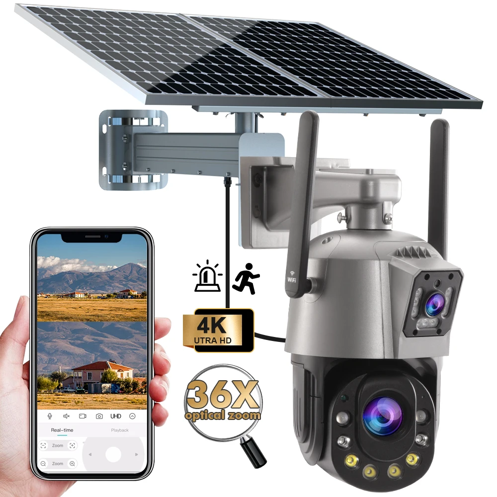 TecDeft Cmos Sensor Network Camera With 60w Solar Panel 3.2V 60ah Battery 4k 8mp All Day Recording Dual Lens Solar Cctv Camera