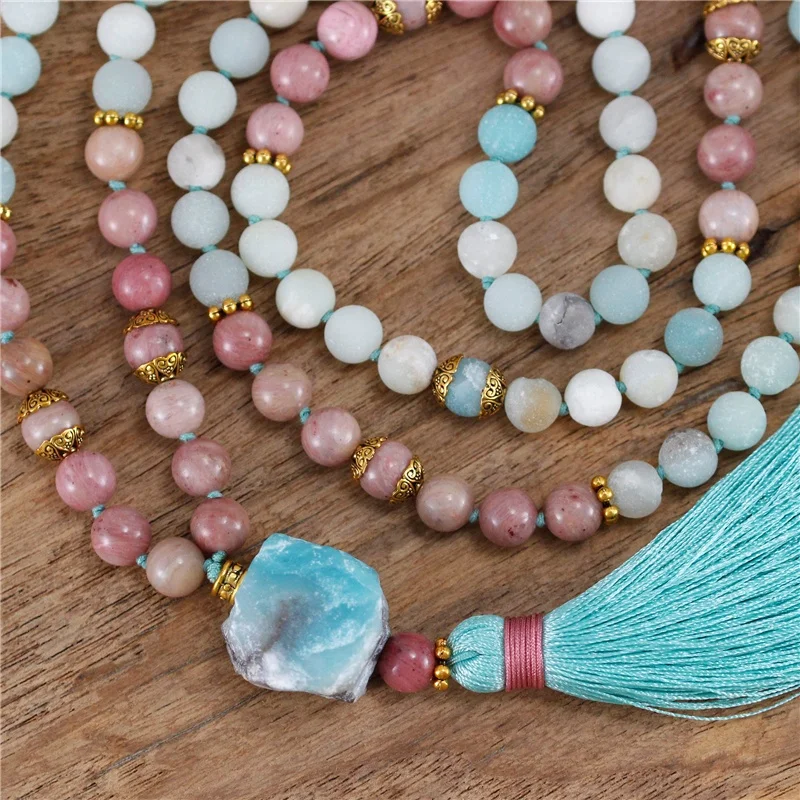 Stone Yoga 108 Mala Beads Necklace with Long Tassel Meditation Jewelry Wholesale Vintage Chic Amazonite Rhodonite Natural CN;ZHE