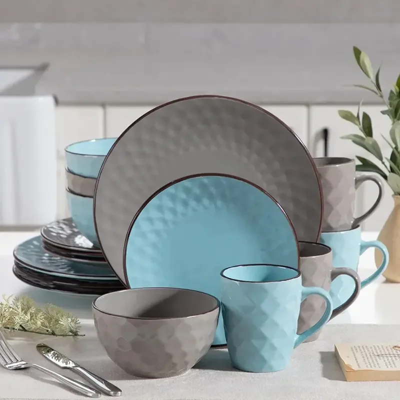 Hot-selling  Home Restaurant Stoneware Tableware Set Family Ceramic Tableware Embossed Dinner